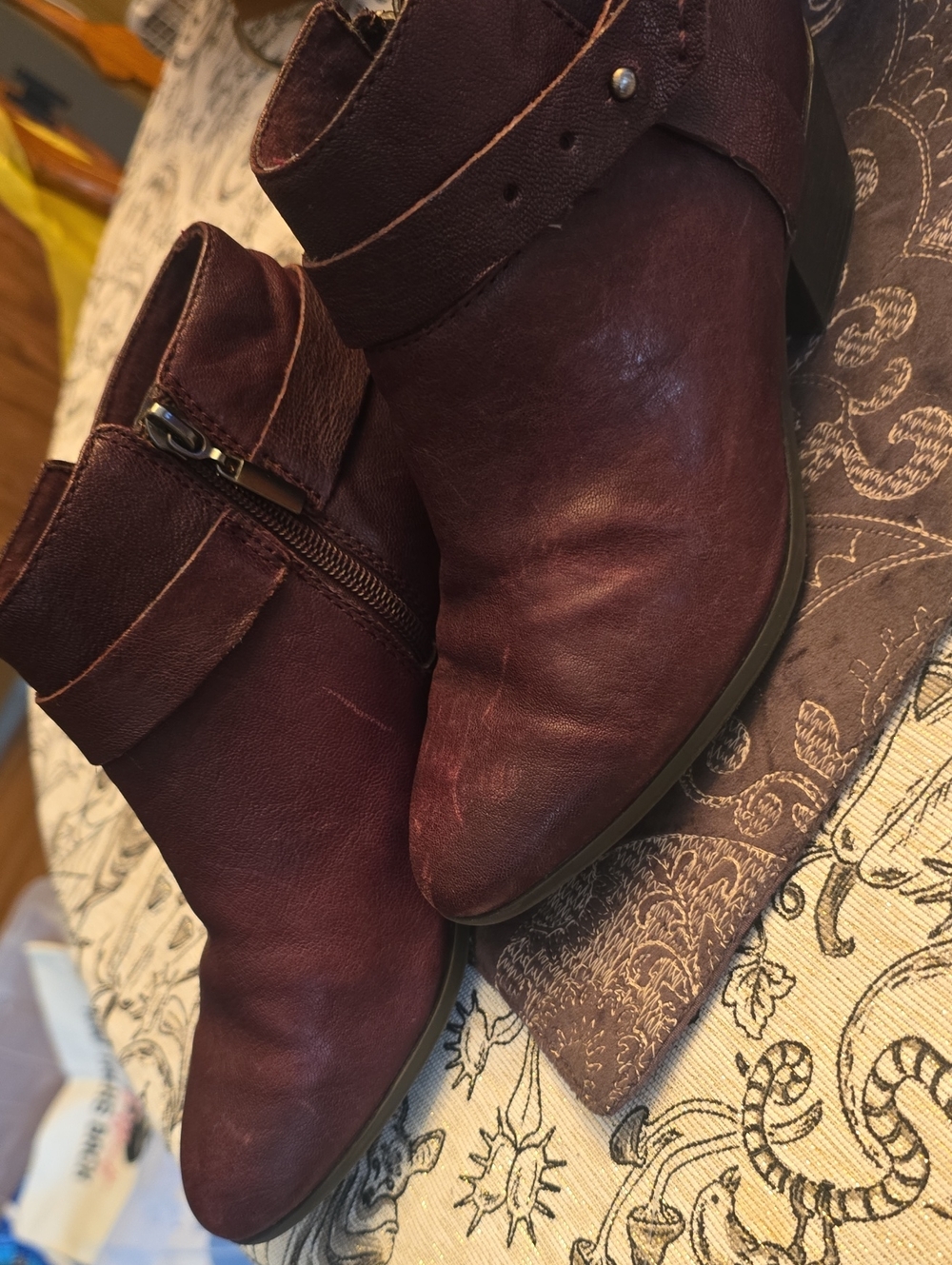 Clarks Women's Wine Leather Ankle Boots with Side Zip and Buckle